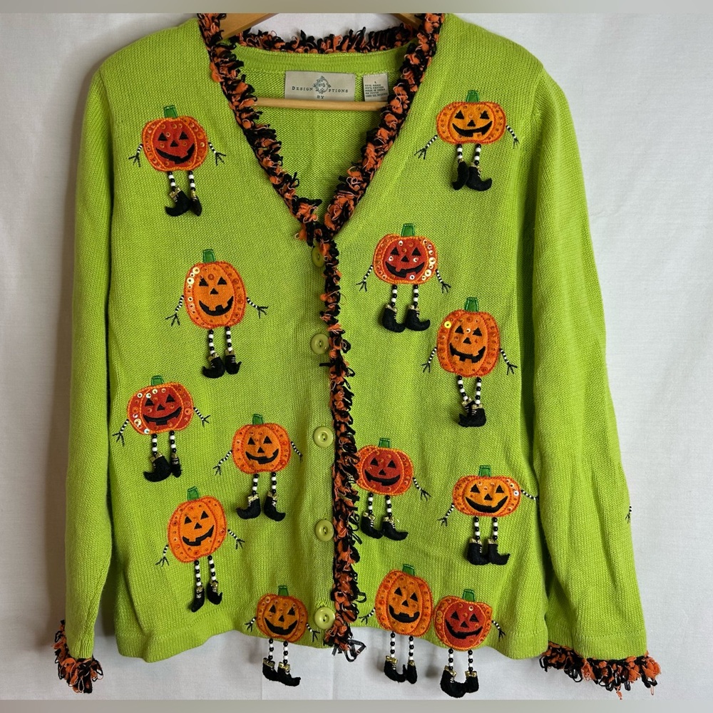Design Options by Philip & Jane Gordon Green Halloween Jack-o’-lantern Cardigan